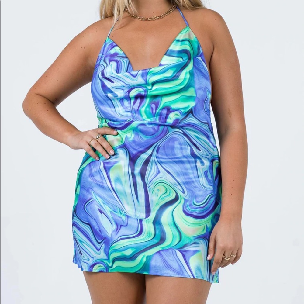 Mini Silk Retro Blue, Purple & Green Dress